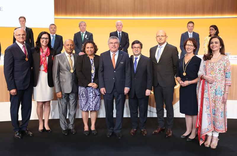 RIO De JANEIRO- BRAZIL- 4th Aug 2016: IOC President, Thomas Bach alongside the newly elected IOC members, L_R, Karl Stoss, Tricia Smith, Anant Singh, Auvita Papilla, Luis Alberto Moreno, Ivo Ferriani, Sari Essayah, and Nita Ambani during the third day of the 129th IOC Session at the Windsor Oceanic Hotel in Rio De Janeiro ahead of the Rio 2106 Olympic Games. Photograph by IOC/Ian Jones